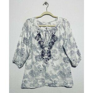 Malvin I Love Linen Top Womens Medium Blue Paisley Floral Embroidered Boho